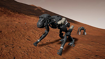Ein 3D generiertes Bild mit einer Landfl?che des Mars und einem Roboter-Affen