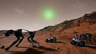 Ein 3D generiertes Bild mit einer Landfl?che des Mars und drei Robotern